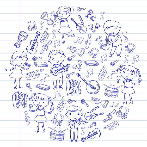 儿童音乐学校矢量插图儿童唱歌，弹奏乐器幼儿园涂鸦图标收集插图为儿童音乐课图片下载