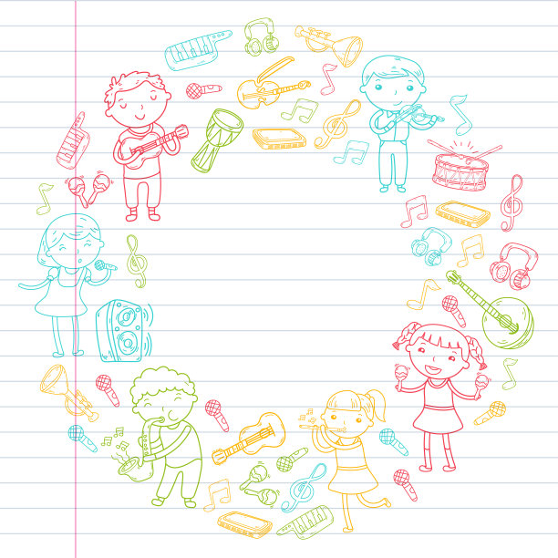 儿童音乐学校矢量插图儿童唱歌，弹奏乐器幼儿园涂鸦图标收集插图为儿童音乐课图片下载