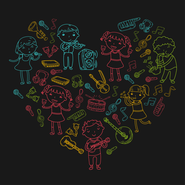 儿童音乐学校矢量插图儿童唱歌，弹奏乐器幼儿园涂鸦图标收集插图为儿童音乐课图片下载