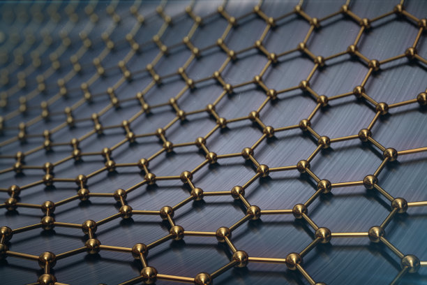 三维渲染抽象纳米技术六角形几何形态特写，概念石墨烯原子结构，概念石墨烯分子结构。素材图片