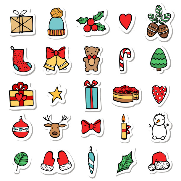 一套圣诞手画贴纸图标。卡通和平面风格。矢量插图。白色背景。图片下载