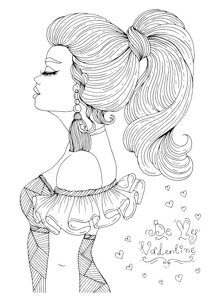 矢量手画肖像在一个年轻女孩的侧面闭上眼睛和长睫毛。波浪状的长发扎成高高的马尾。图纹着色页A 4大小。情人节的约会图片下载