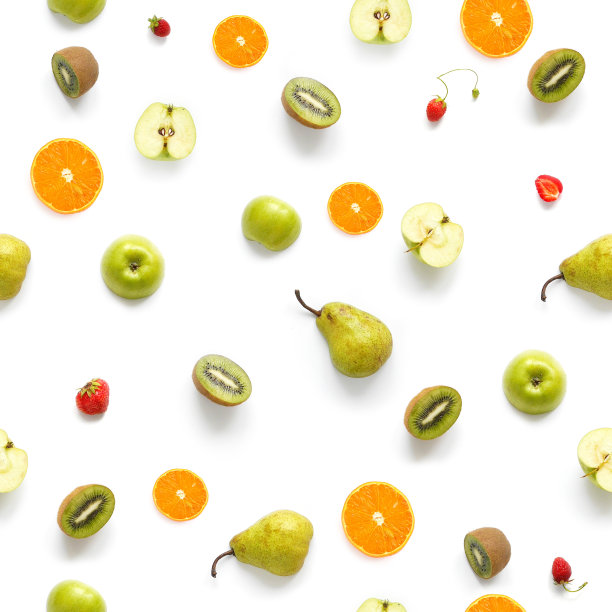 食物口感。无缝图案的新鲜水果。梨，苹果，桔子片，猕猴桃孤立在白色背景，俯视图，平面布局。图片下载
