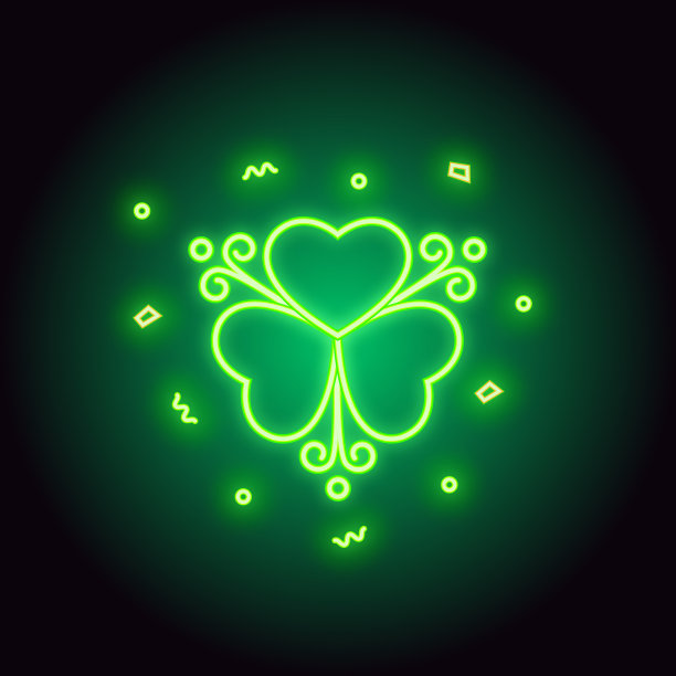 霓虹灯绿色三叶草标志孤立在黑暗的背景。发光的三叶草-爱尔兰和圣帕特里克节的标志，用于卡片，横幅，海报。图片下载