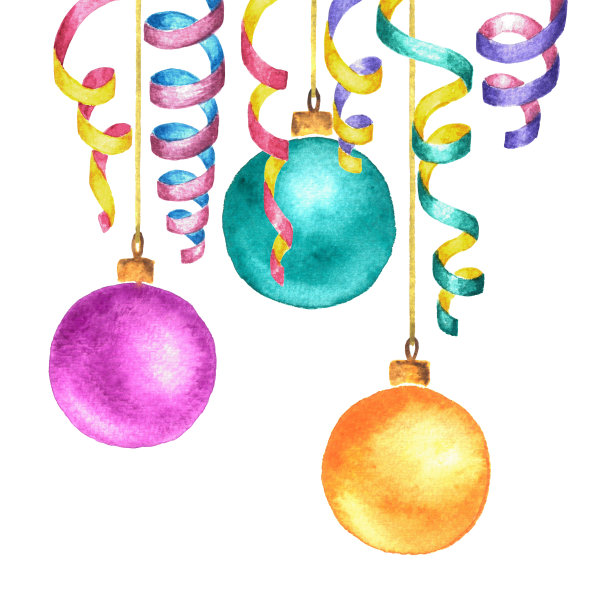 水彩螺旋彩带和圣诞树球新年装饰素材图片