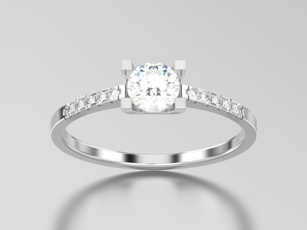 3D插图白色黄金或银色订婚圆形切割形状戒指与钻石图片下载