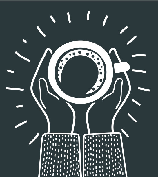 女人的手和一杯咖啡在一个木头背景，俯视图图片下载