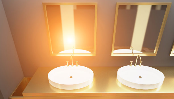 公共厕所里有洗脸盆。3 d渲染。日落图片下载