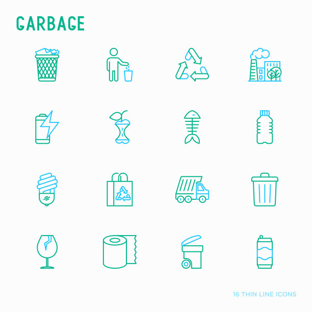 垃圾细线图标集:垃圾桶、有机垃圾、垃圾车、玻璃、再生纸、铝、电池、塑料瓶。现代向量插图。素材图片