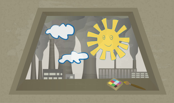 从窗口看，冒着烟的烟囱和孩子在玻璃上画画。图片下载