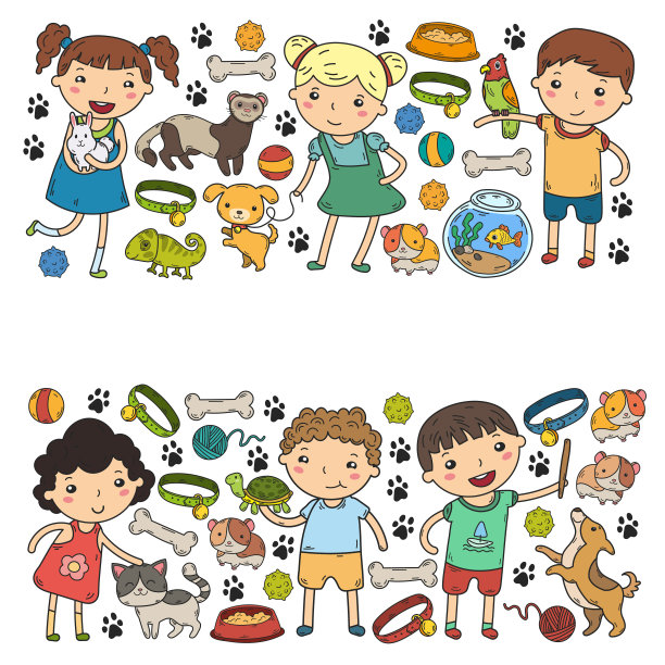 儿童动物园宠物商店兽医幼儿园的孩子与狗，仓鼠，猫动物和食物和配件图片下载