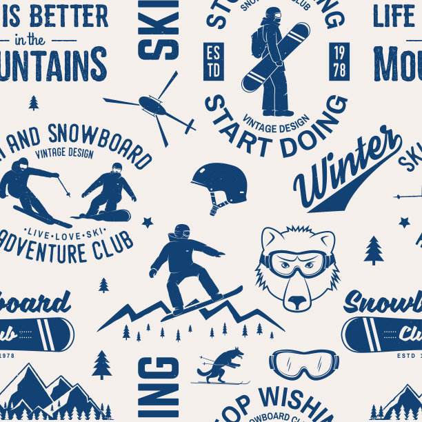 滑雪和滑雪板俱乐部无缝模式。矢量图图片下载