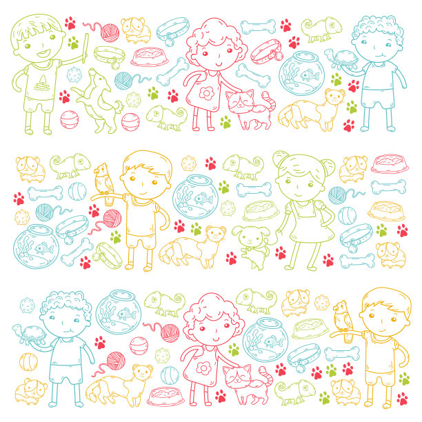 儿童动物园宠物商店兽医幼儿园的孩子与狗，仓鼠，猫动物和食物和配件图片下载