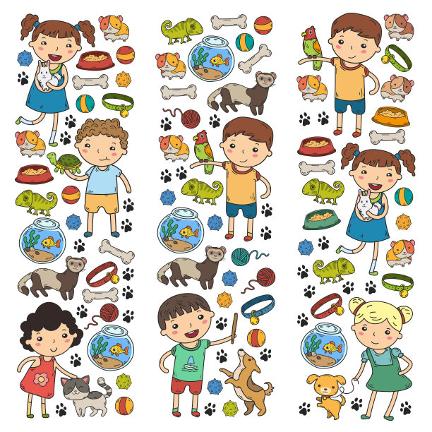 儿童动物园宠物商店兽医幼儿园的孩子与狗，仓鼠，猫动物和食物和配件图片下载