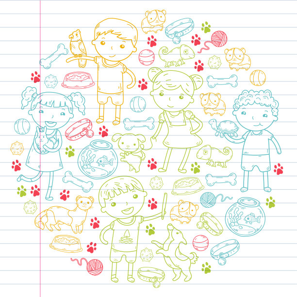 儿童动物园宠物商店兽医幼儿园的孩子与狗，仓鼠，猫动物和食物和配件图片下载