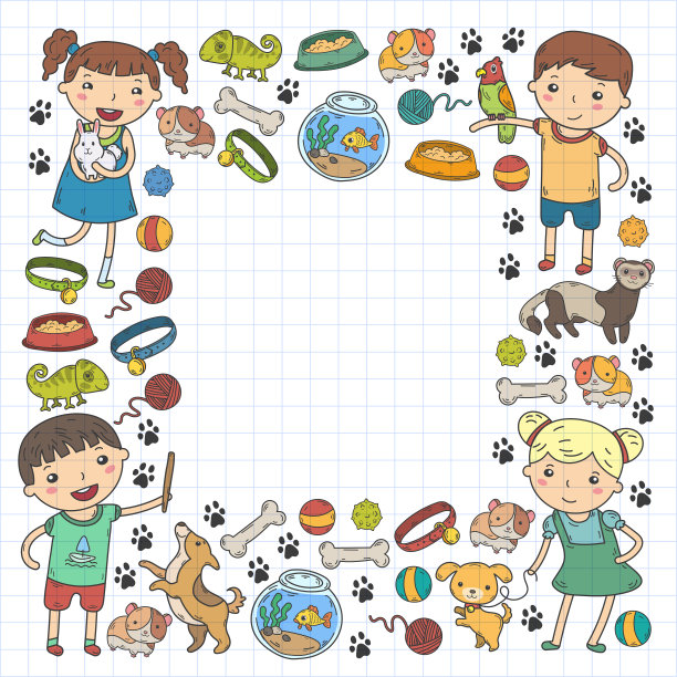 儿童动物园宠物商店兽医幼儿园的孩子与狗，仓鼠，猫动物和食物和配件图片下载