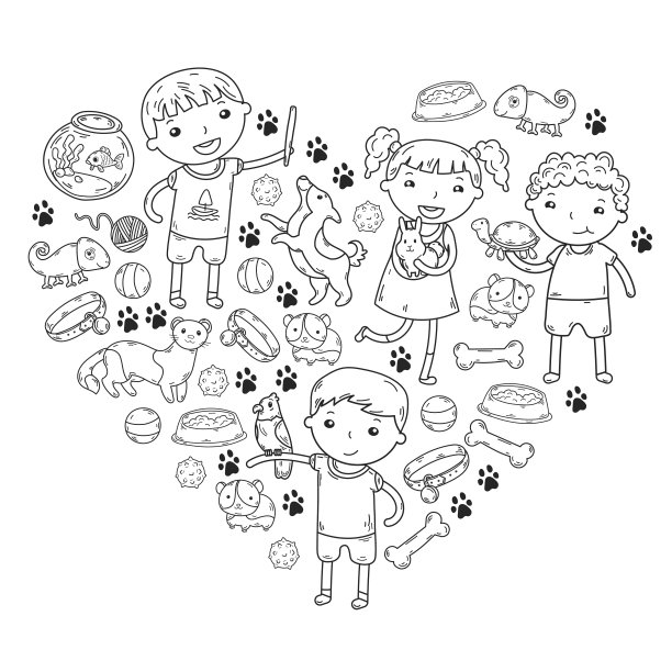 儿童动物园宠物商店兽医幼儿园的孩子与狗，仓鼠，猫动物和食物和配件图片下载