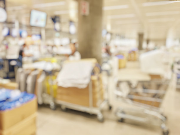 模糊的形象的女商人正在寻找家具为她的企业与购物中心购物车在房子和五金店的背景，商场购物中心的背景。图片下载