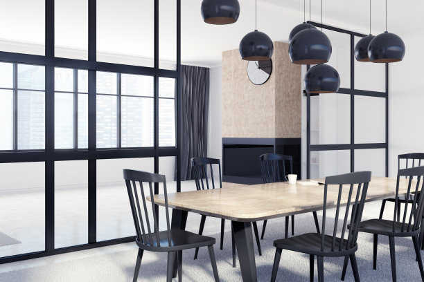 白色餐厅角落，壁炉素材图片