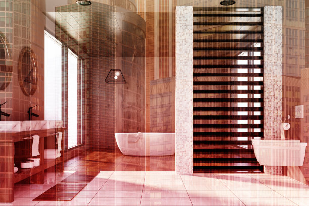 木制浴室，浴缸，水槽，卫生间，角落色调图片下载