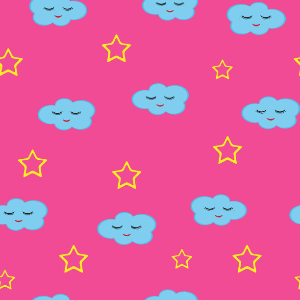 云带着笑脸和星星的轮廓。卡通无缝模式。图片下载