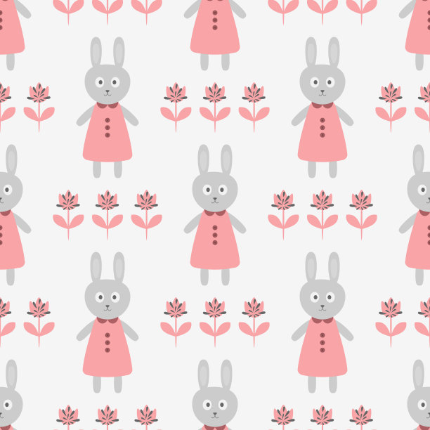 穿着裙子的滑稽兔子和抽象花朵的剪影。卡通无缝模式。图片下载