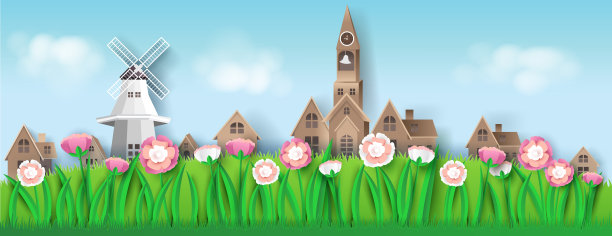 自然景观有房屋、花卉、草地、纸张艺术风格，用于印刷、明信片、宣传册。矢量图图片下载