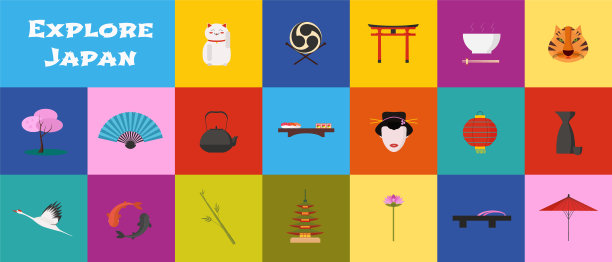 一组图标与日本地标矢量图片下载