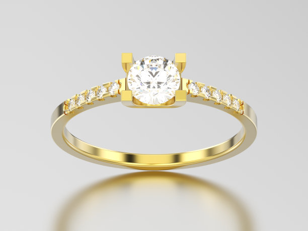 3D插图黄金订婚圆形切割形状戒指与钻石图片下载