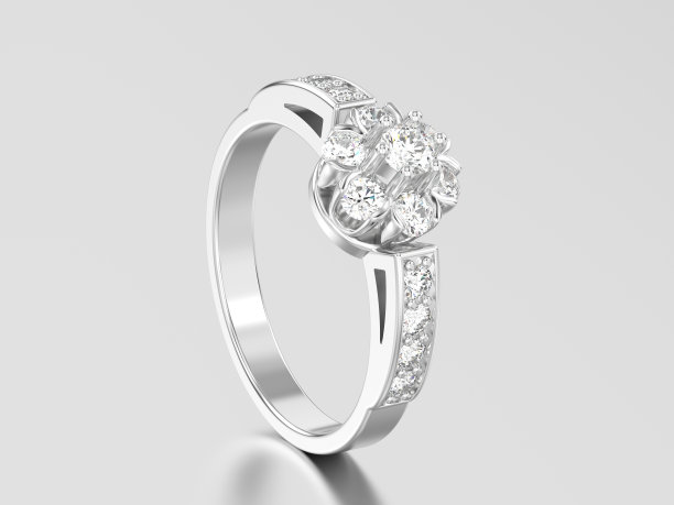 3D插图白色黄金或银色装饰花钻石戒指图片下载