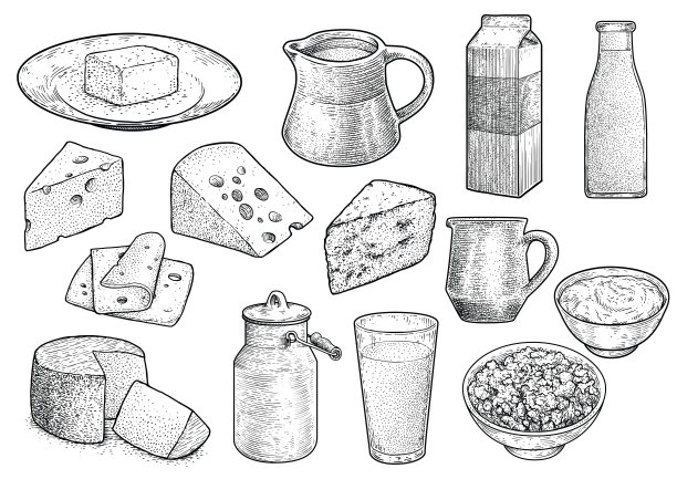 奶制品插画、绘画、雕刻、油墨、线条艺术、矢量素材图片