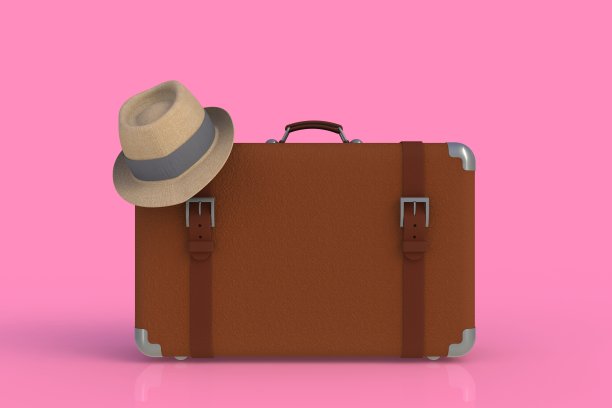 一个带草帽的旅行箱，粉色背景，3D渲染图片下载