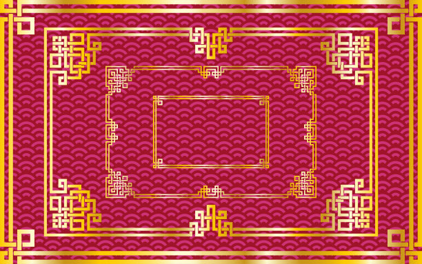 一套传统的中国东方金色矩形框架上的图案红色背景装饰。矢量，层是孤立的图片下载