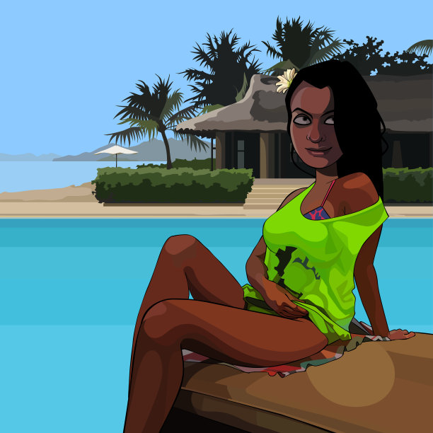 卡通美女坐在泳池边的热带图片下载