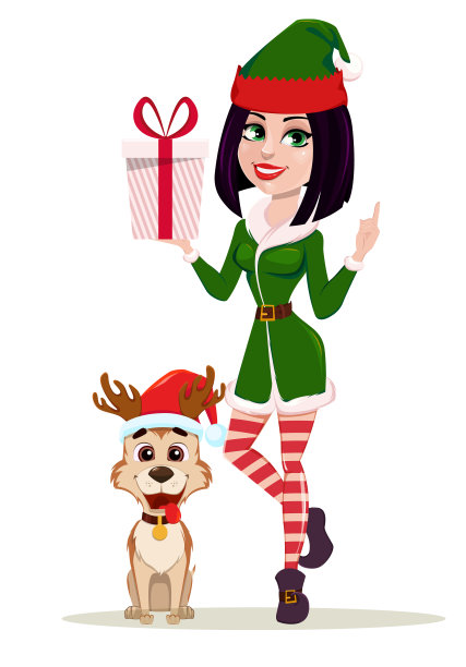 精灵女人拿着礼盒和可爱的狗坐在附近图片下载