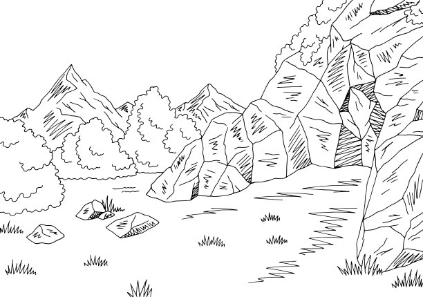 洞穴图形黑白山景观素描插图矢量图片下载