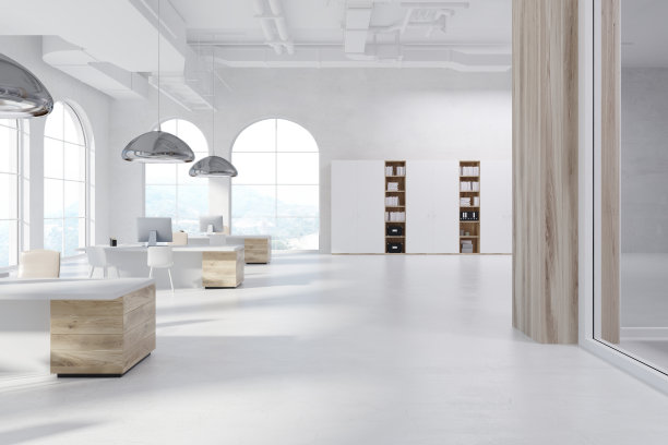 白色开放式空间办公室，拱形窗户，木材图片下载