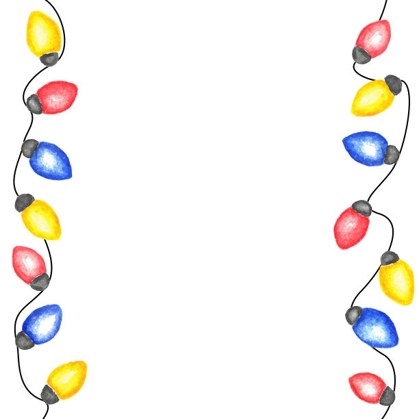 圣诞灯光背景——蓝色、红色和黄色灯泡的水彩花环图片下载