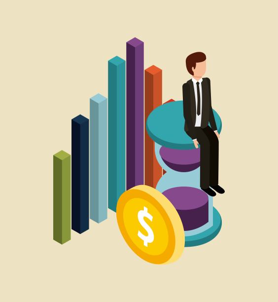 商人坐在钟钱图等距素材图片