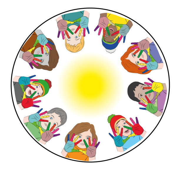 快乐的孩子。绘有不同颜色的手。标志。儿童节快乐的概念。矢量插图。图片下载