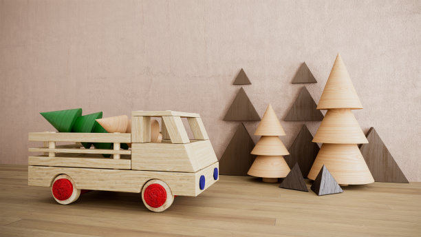 木制玩具与汽车圣诞假期照片与松树新年快乐图片下载