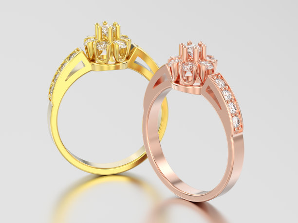 3D插图两黄和玫瑰金装饰花钻石戒指图片下载