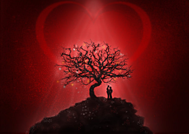 浪漫的邂逅。一个男人和一个女人在被光线照亮的树下拥抱。图片下载