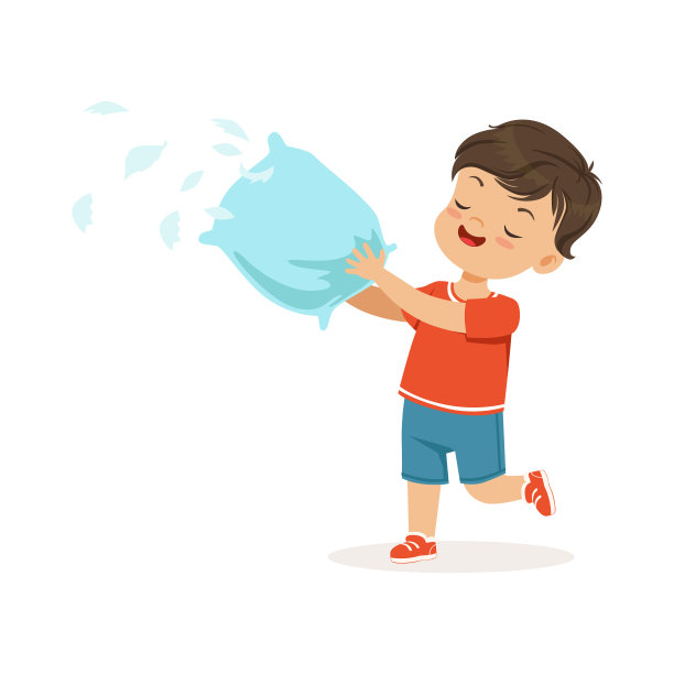 可爱的小霸王玩着枕头，羽毛在他身边飞舞，流氓快活的小霸王，坏孩子行为矢量插画图片下载