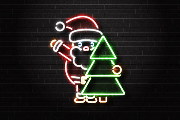 矢量现实孤立的霓虹灯圣诞老人与圣诞树装饰和覆盖在墙壁背景。圣诞快乐和新年快乐的概念。图片下载