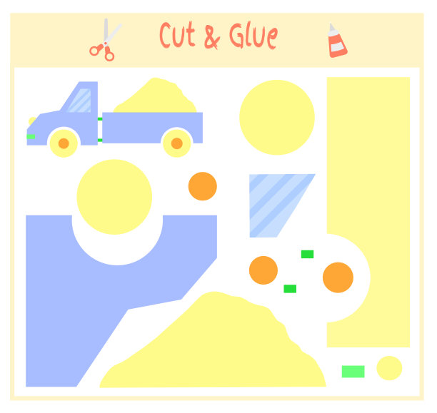 教育纸游戏有利于学龄前儿童的发展。把图像的一部分剪下来，粘在纸上。矢量插图。用剪刀和胶水创建贴花。玩具卡车沙子图片下载