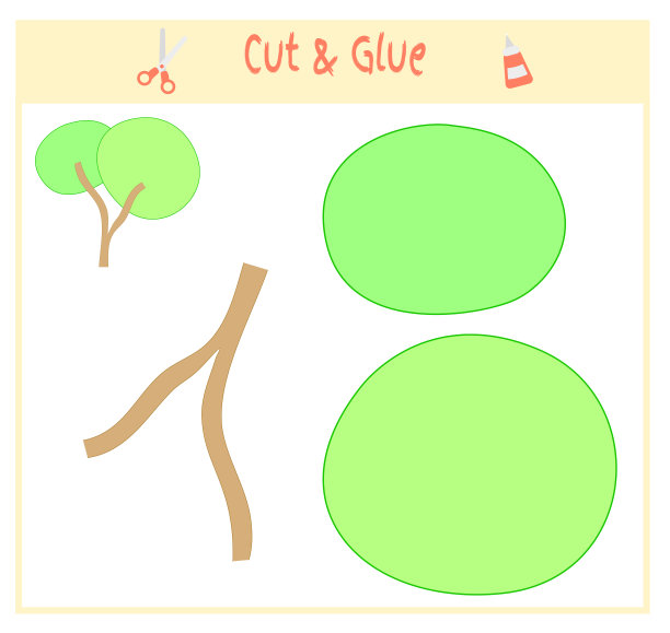 教育纸游戏有利于学龄前儿童的发展。把图像的一部分剪下来，粘在纸上。矢量插图。用剪刀和胶水创建贴花。绿色的树图片下载