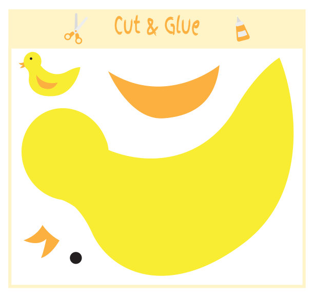 教育纸游戏有利于学龄前儿童的发展。把图像的一部分剪下来，粘在纸上。矢量插图。用剪刀和胶水创建贴花。鸭图片下载