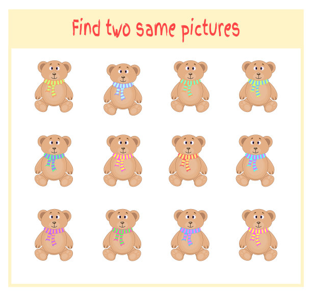 寻找两张完全相同的图片的卡通矢量插图学前儿童与熊的教育活动图片下载