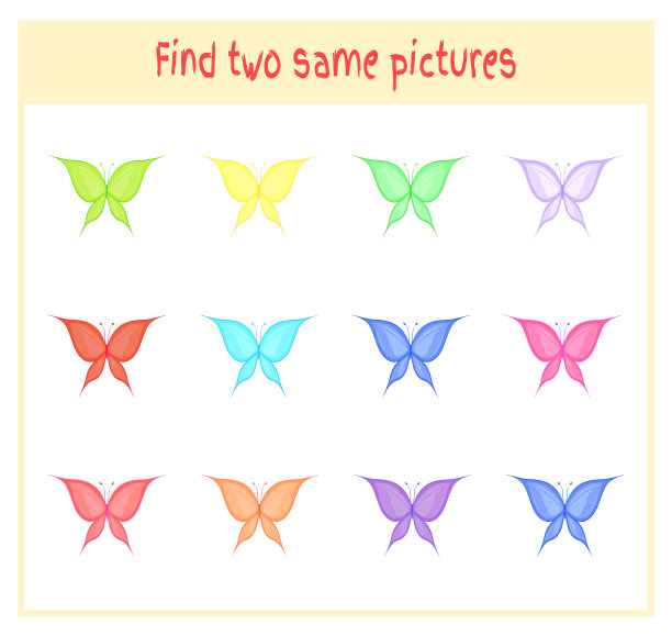 寻找两张完全相同的图片的卡通矢量插图学前儿童与蝴蝶的教育活动图片下载